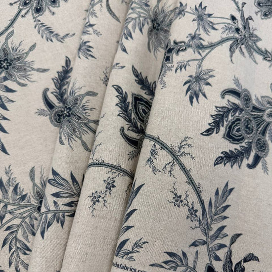 Breathtaking Blues by 3 Sisters for Moda cotton linen fabric with navy and blue botanical floral print on a natural background.