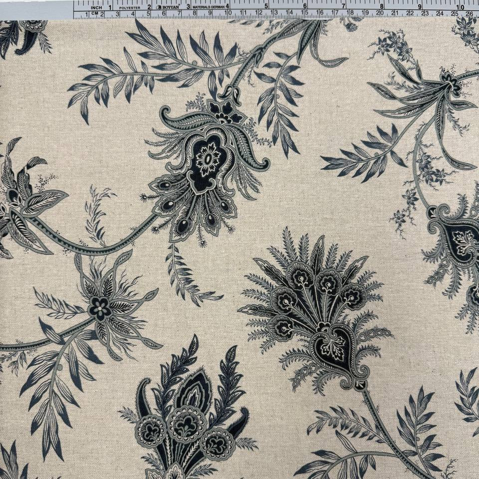 Breathtaking Blues by 3 Sisters for Moda cotton linen fabric with navy and blue botanical floral print on a natural background.