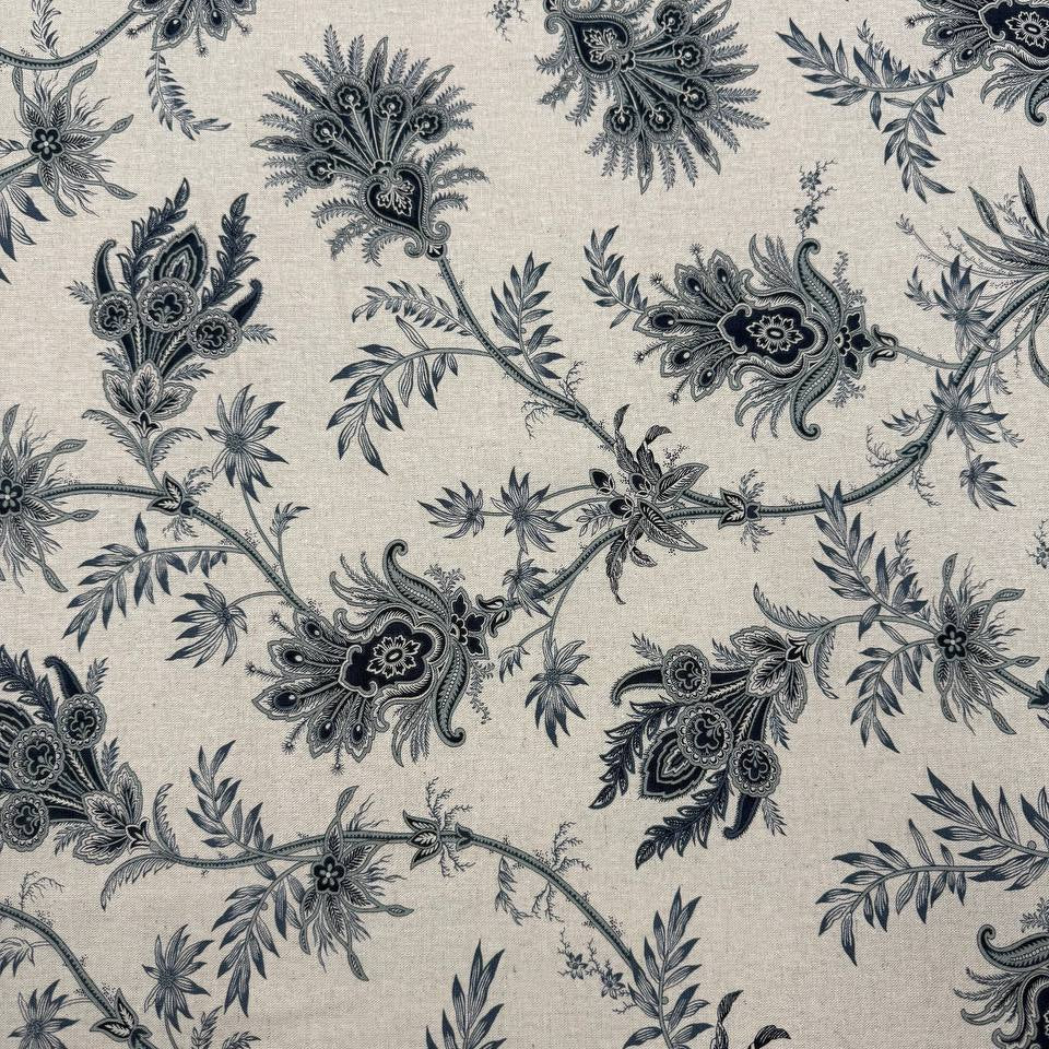 Breathtaking Blues by 3 Sisters for Moda cotton linen fabric with navy and blue botanical floral print on a natural background.