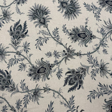 Breathtaking Blues by 3 Sisters for Moda cotton linen fabric with navy and blue botanical floral print on a natural background.