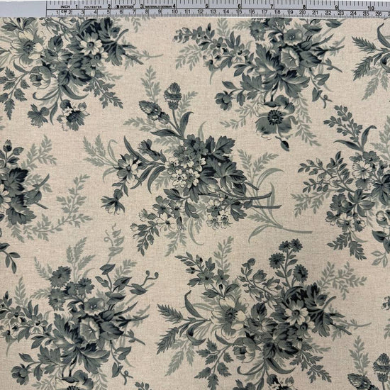 Breathtaking Blues by 3 Sisters for Moda cotton linen fabric with vintage blue floral bouquets on a natural background.