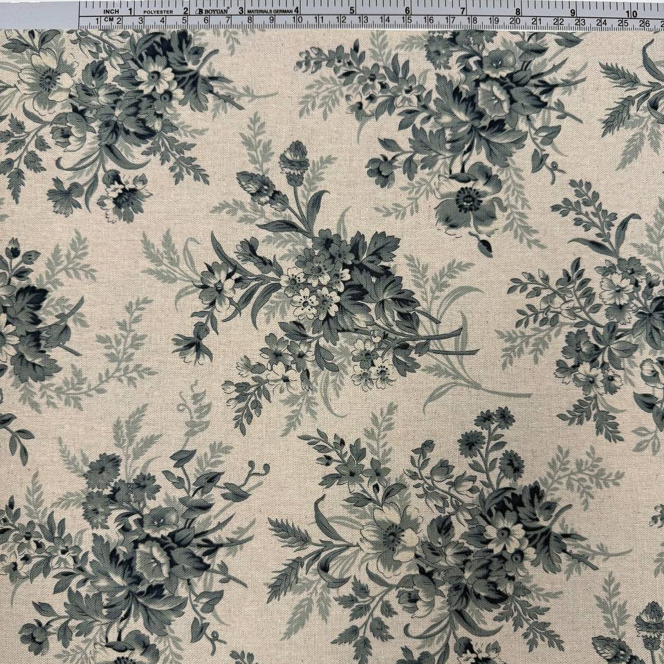 Breathtaking Blues by 3 Sisters for Moda cotton linen fabric with vintage blue floral bouquets on a natural background.