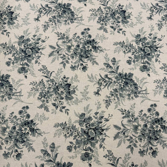 Breathtaking Blues by 3 Sisters for Moda cotton linen fabric with vintage blue floral bouquets on a natural background.