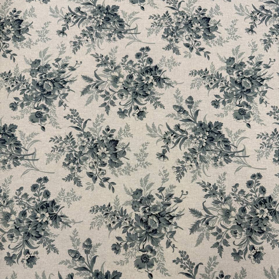 Breathtaking Blues by 3 Sisters for Moda cotton linen fabric with vintage blue floral bouquets on a natural background.