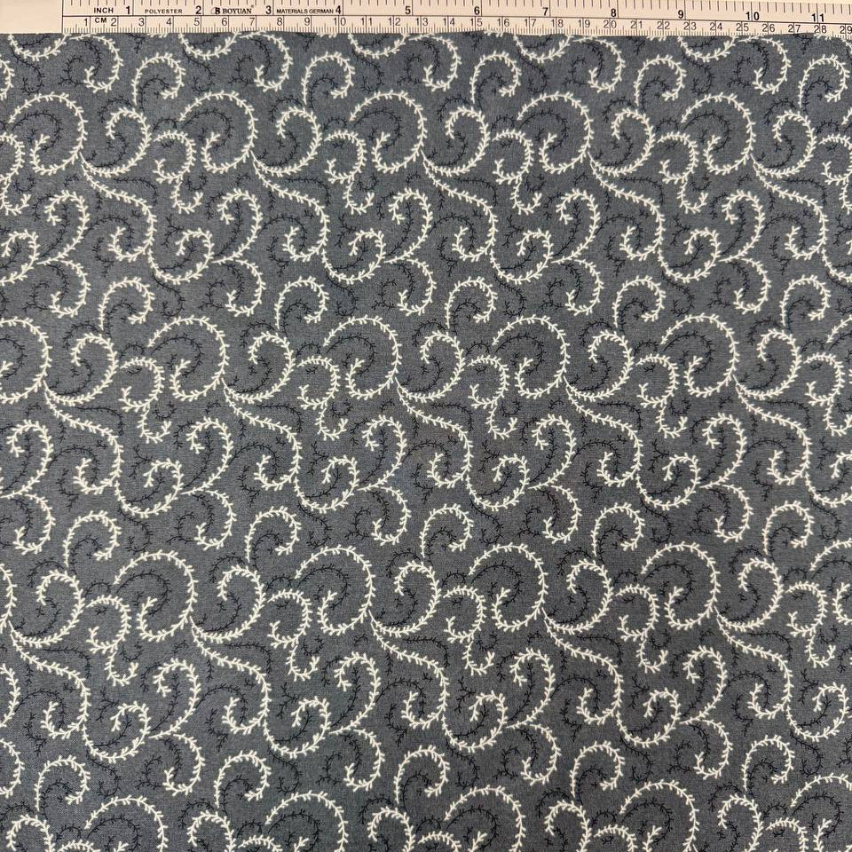 Breathtaking Blues vine swirl 100% cotton fabric by 3 Sisters for Moda, available in Sky and Dusk blue colorways.