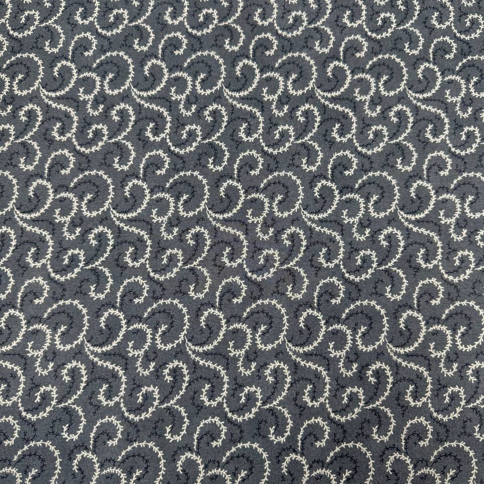 Breathtaking Blues vine swirl 100% cotton fabric by 3 Sisters for Moda, available in Sky and Dusk blue colorways.