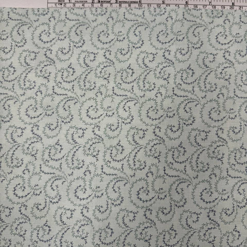 Breathtaking Blues vine swirl 100% cotton fabric by 3 Sisters for Moda, available in Sky and Dusk blue colorways.