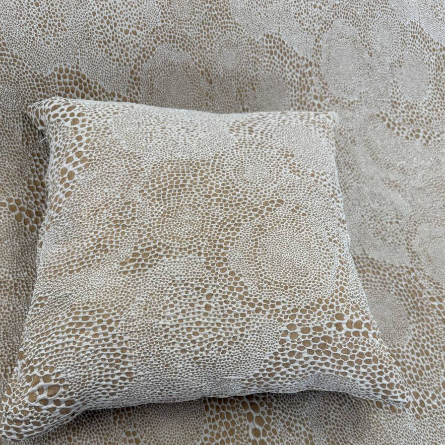 Beige and cream Cloud upholstery fabric with an organic textured pattern, suitable for pillows, cushions, furniture upholstery, and home décor.