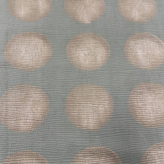 Sage green Haven Jacquard upholstery fabric with large beige circle pattern, woven texture, 73% cotton and 27% polyester