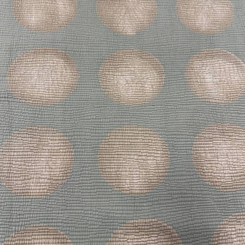 Sage green Haven Jacquard upholstery fabric with large beige circle pattern, woven texture, 73% cotton and 27% polyester