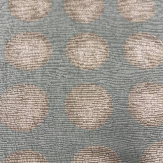 Sage green Haven Jacquard upholstery fabric with large beige circle pattern, woven texture, 73% cotton and 27% polyester
