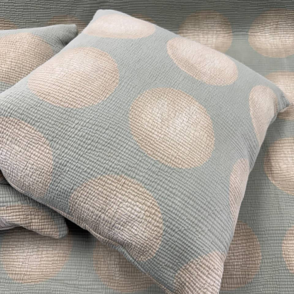 Sage green Haven Jacquard upholstery fabric with large beige circle pattern, woven texture, 73% cotton and 27% polyester