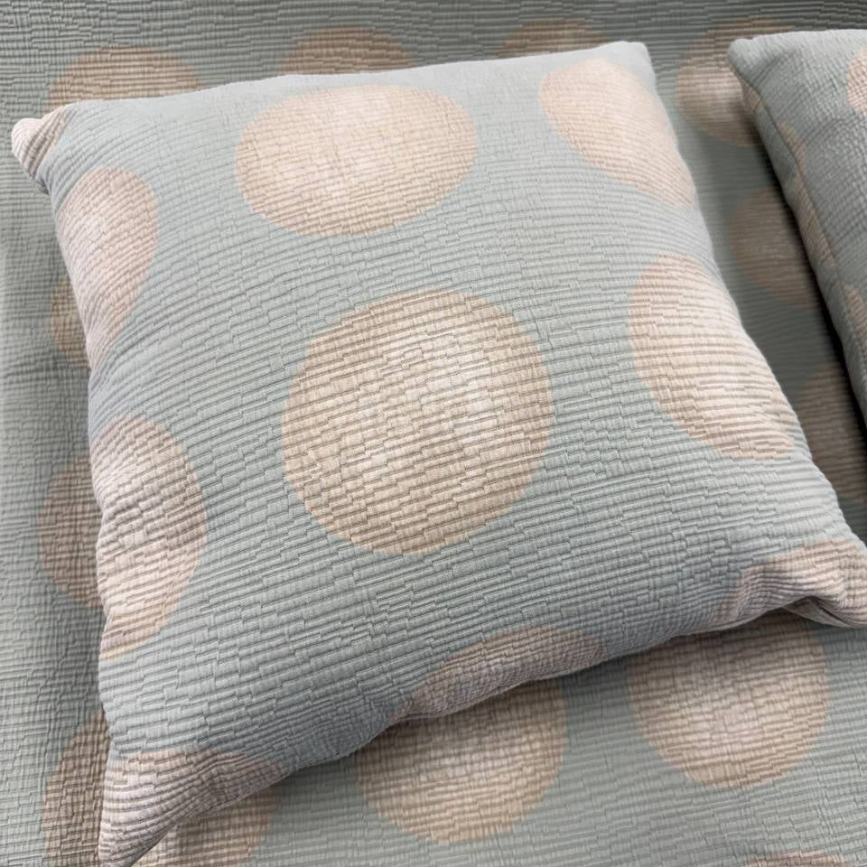 Sage green Haven Jacquard upholstery fabric with large beige circle pattern, woven texture, 73% cotton and 27% polyester