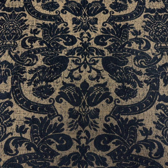 Black and beige woven upholstery fabric with an elegant floral ornamental pattern, used for handmade Sasha’s Atelier bags, cushions, upholstery, and home décor.