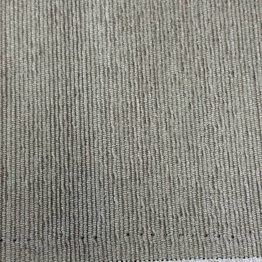 Taupe grey textured upholstery fabric with a raised vertical woven pattern for home décor and furniture projects.