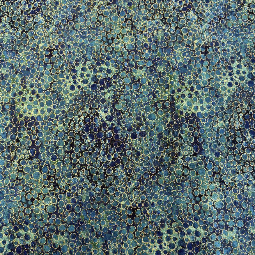 Fabric with an abstract all-over circular bubble pattern in mixed sizes and textured detailing.