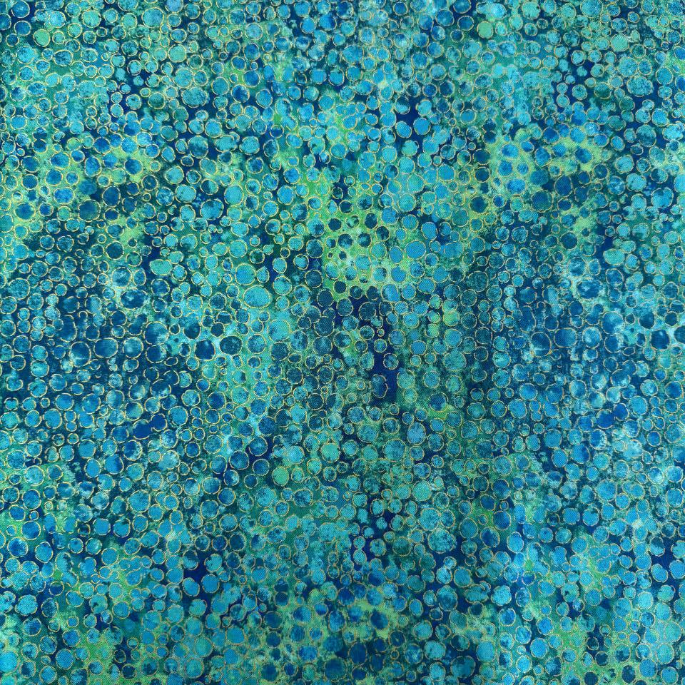 Fabric with an abstract all-over circular bubble pattern in mixed sizes and textured detailing.