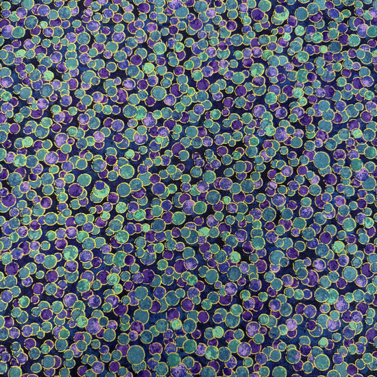 Fabric featuring an abstract all-over pattern of layered circular bubble motifs in varying sizes with a textured artistic design.