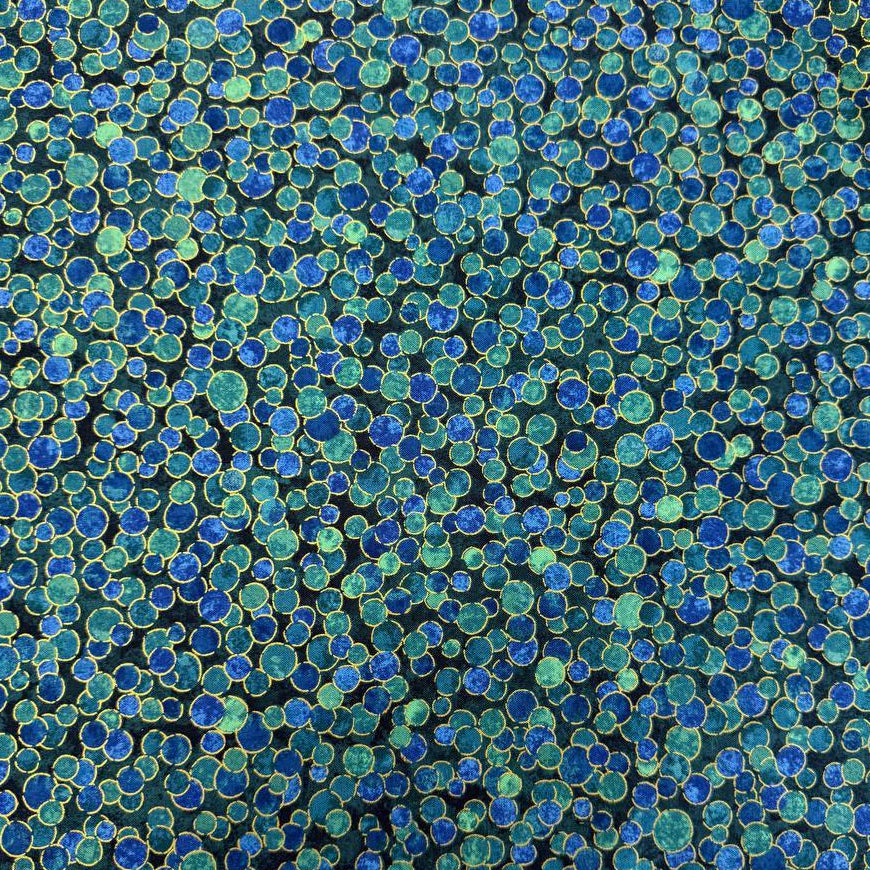 Fabric featuring an abstract all-over pattern of layered circular bubble motifs in varying sizes with a textured artistic design.