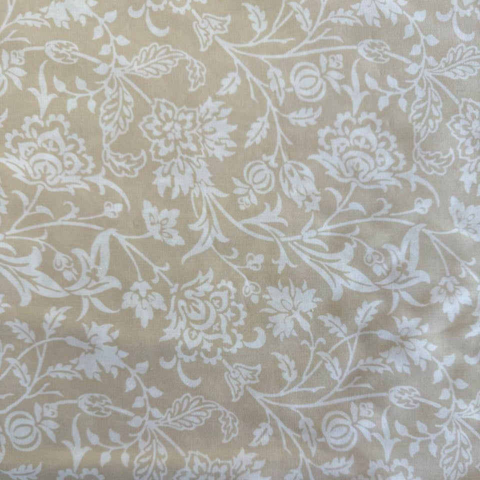 Extra wide Moda Agatha Road quilt backing fabric with elegant white floral vine pattern on neutral background
