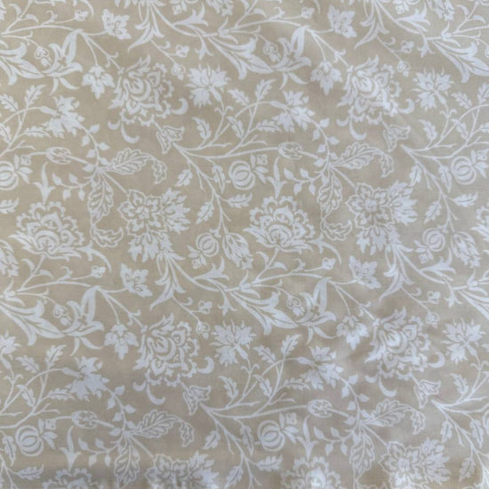 Extra wide Moda Agatha Road quilt backing fabric with elegant white floral vine pattern on neutral background