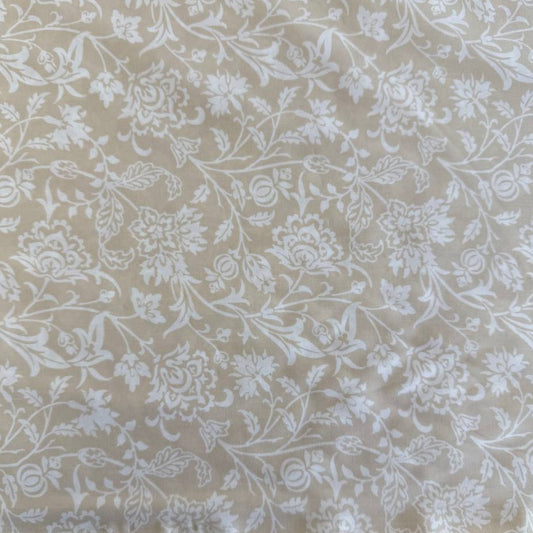 Extra wide Moda Agatha Road quilt backing fabric with elegant white floral vine pattern on neutral background