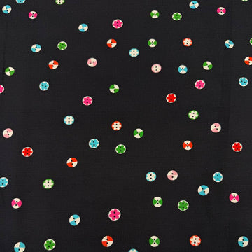 Moda 1800 Notion RS5208-17 Soft Black 100% cotton fabric by Ruby Star Society featuring colorful small button and floral motifs on a black background.