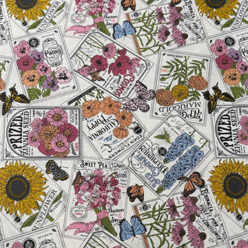 My Secret Garden by Stacy Iest Hsu for Moda 520981-11 Cloud 100% cotton fabric featuring vintage flower seed packets, colorful flowers, sunflowers and butterflies.