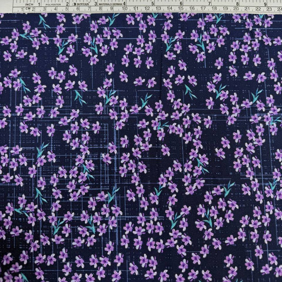 Lilac Lavender by STOF 4504-230 100% cotton fabric with purple lilac flowers and turquoise leaves on a navy blue background with decorative border.