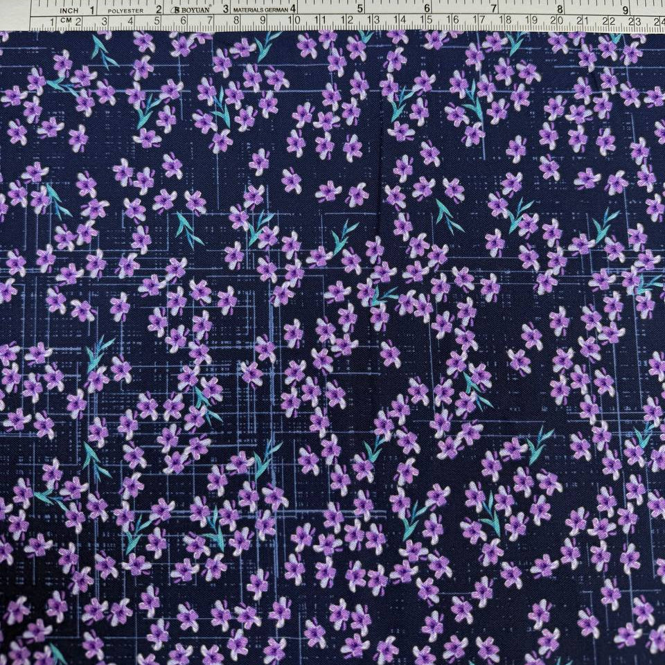 Lilac Lavender by STOF 4504-230 100% cotton fabric with purple lilac flowers and turquoise leaves on a navy blue background with decorative border.