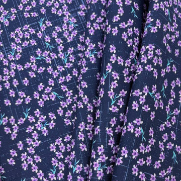 Lilac Lavender by STOF 4504-230 100% cotton fabric with purple lilac flowers and turquoise leaves on a navy blue background with decorative border.