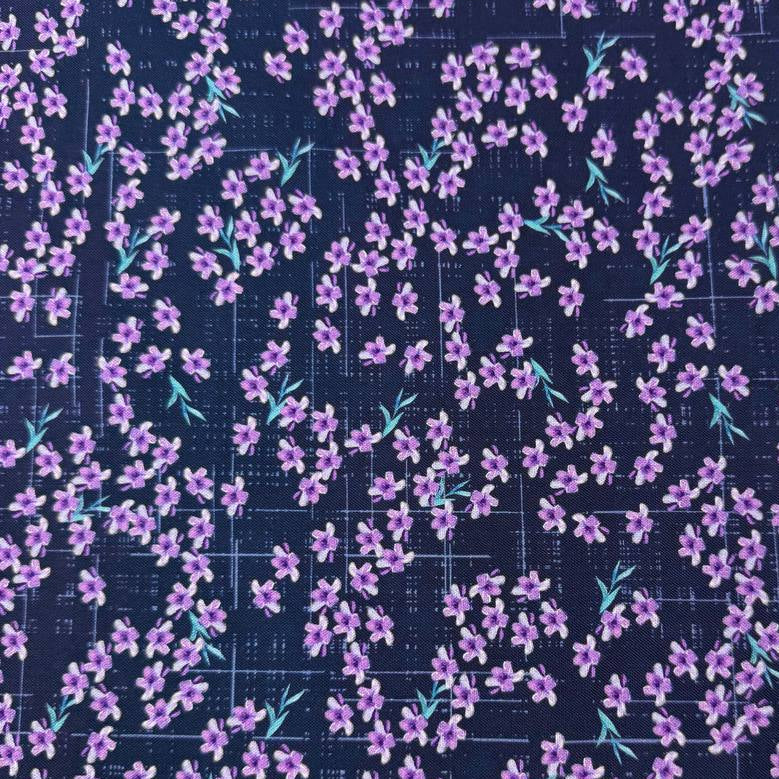 Lilac Lavender by STOF 4504-230 100% cotton fabric with purple lilac flowers and turquoise leaves on a navy blue background with decorative border.