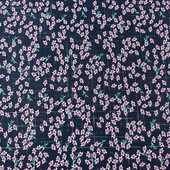 Lilac Lavender by STOF 4504-230 100% cotton fabric with purple lilac flowers and turquoise leaves on a navy blue background with decorative border.