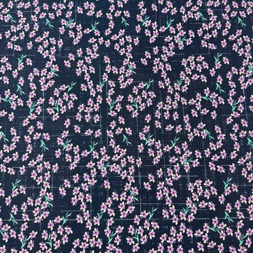 Lilac Lavender by STOF 4504-230 100% cotton fabric with purple lilac flowers and turquoise leaves on a navy blue background with decorative border.