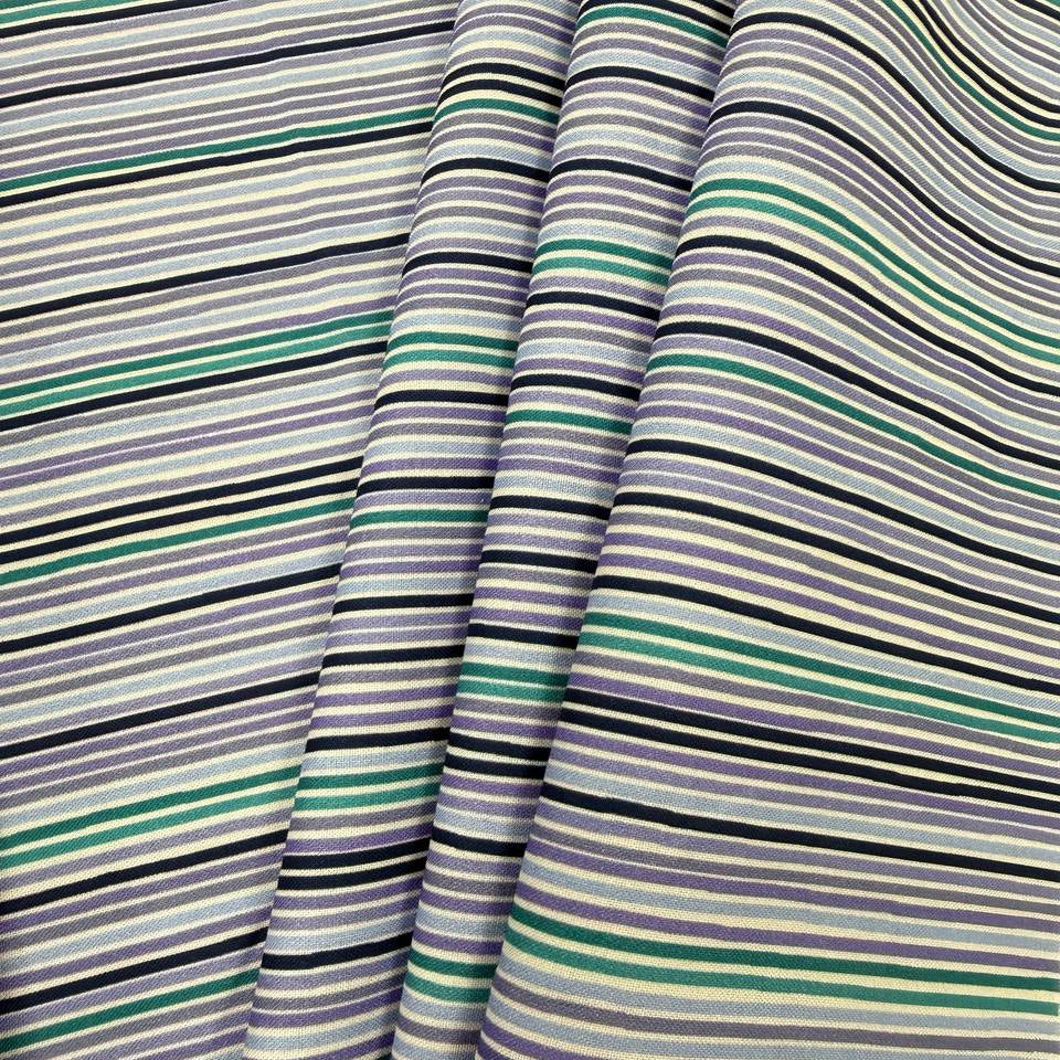 Lilac Lavender by STOF 100% cotton fabric with horizontal lilac, lavender, teal, navy, blue and white stripes.