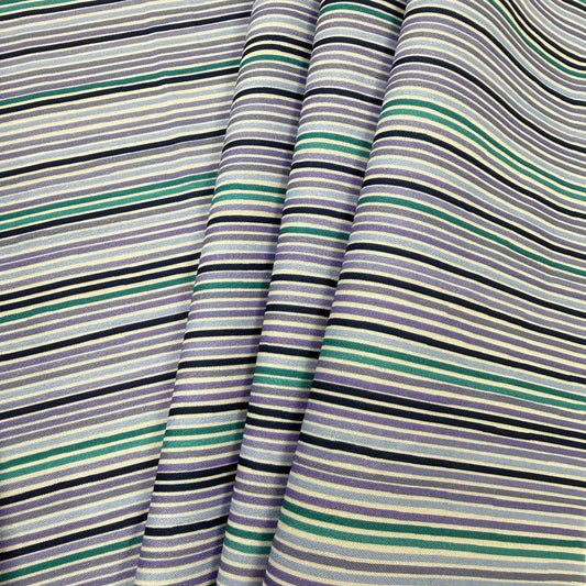 Lilac Lavender by STOF 100% cotton fabric with horizontal lilac, lavender, teal, navy, blue and white stripes.