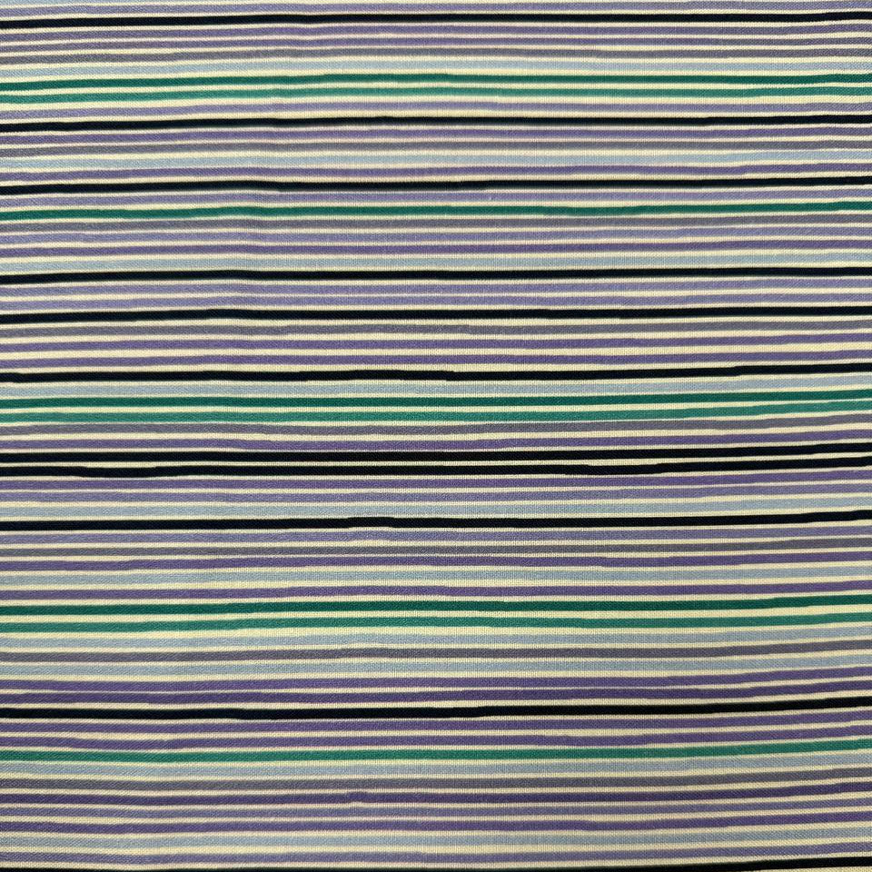 Lilac Lavender by STOF 100% cotton fabric with horizontal lilac, lavender, teal, navy, blue and white stripes.