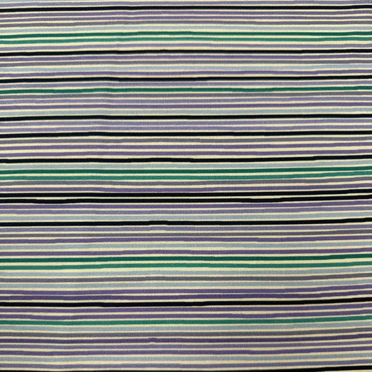 Lilac Lavender by STOF 100% cotton fabric with horizontal lilac, lavender, teal, navy, blue and white stripes.