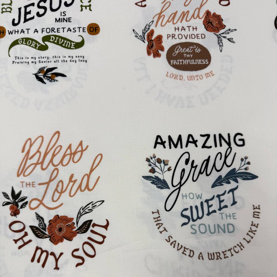 Wellspring by Fancy That Design House for Moda 100% cotton fabric with Christian inspirational and hymn phrases, floral accents and multicolor typography on a cream background.