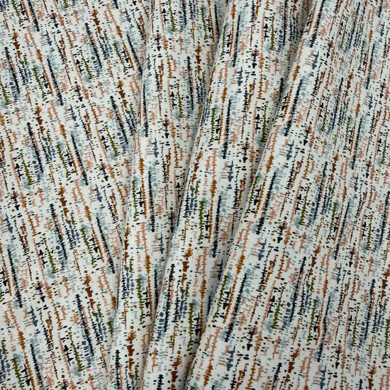 Wellspring by Fancy That Design House for Moda 100% cotton fabric with abstract linear markings in rust, olive green, soft blue, peach, brown and charcoal on an eggshell background.