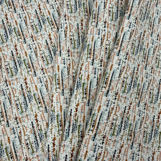 Wellspring by Fancy That Design House for Moda 100% cotton fabric with abstract linear markings in rust, olive green, soft blue, peach, brown and charcoal on an eggshell background.