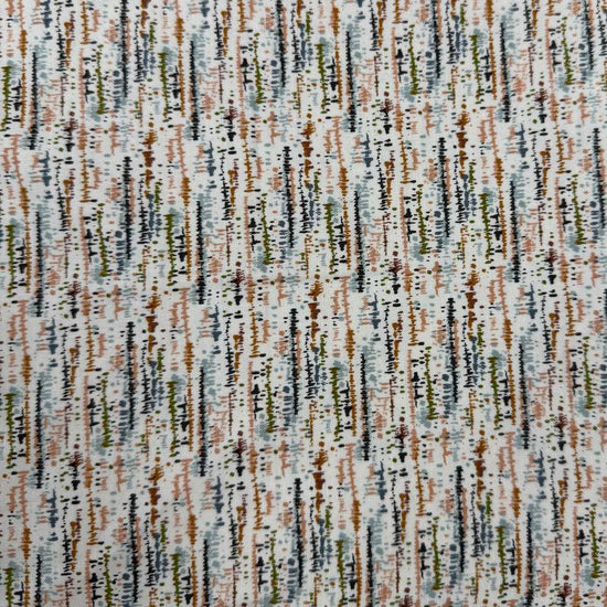 Wellspring by Fancy That Design House for Moda 100% cotton fabric with abstract linear markings in rust, olive green, soft blue, peach, brown and charcoal on an eggshell background.
