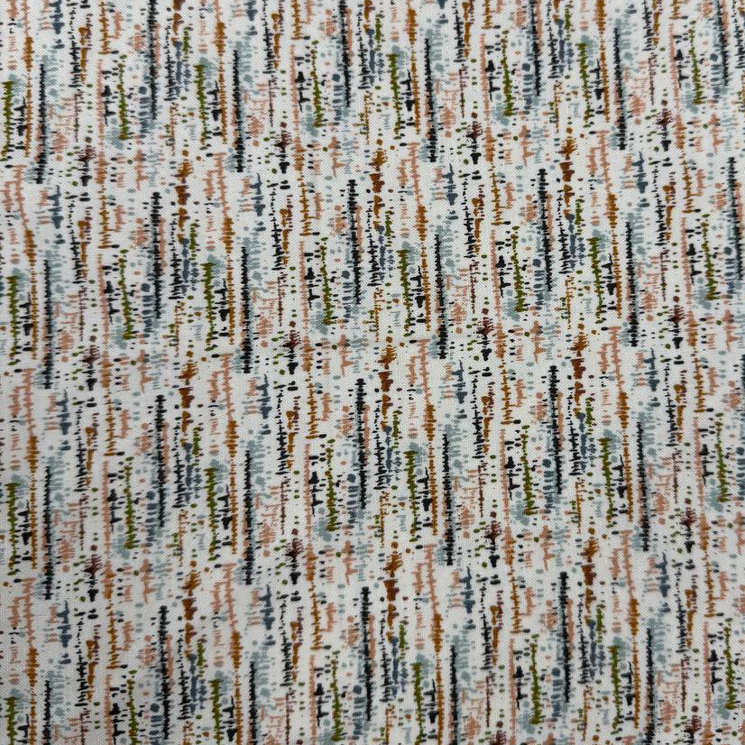 Wellspring by Fancy That Design House for Moda 100% cotton fabric with abstract linear markings in rust, olive green, soft blue, peach, brown and charcoal on an eggshell background.