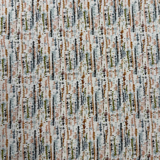Wellspring by Fancy That Design House for Moda 100% cotton fabric with abstract linear markings in rust, olive green, soft blue, peach, brown and charcoal on an eggshell background.