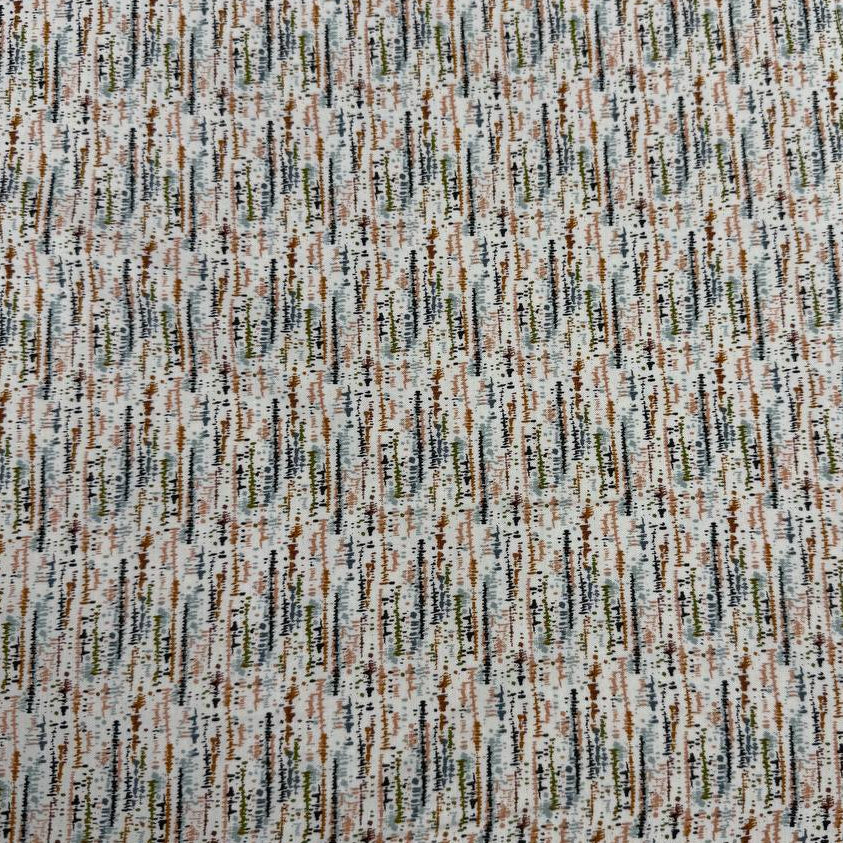 Wellspring by Fancy That Design House for Moda 100% cotton fabric with abstract linear markings in rust, olive green, soft blue, peach, brown and charcoal on an eggshell background.
