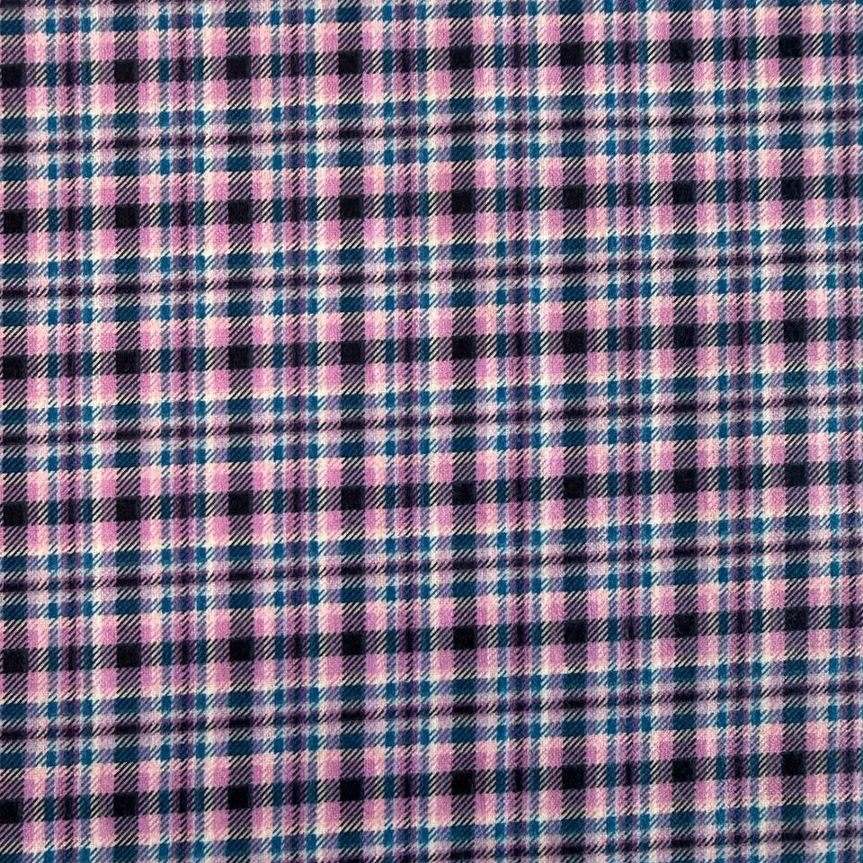 Soft 100% cotton flannelette fabric featuring a blue and purple plaid pattern by Fabric Editions.