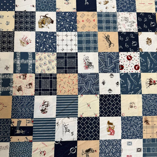 Patchwork-style quilting cotton fabric featuring assorted vintage-inspired prints, sewing motifs, geometric patterns, and western-themed illustrations.