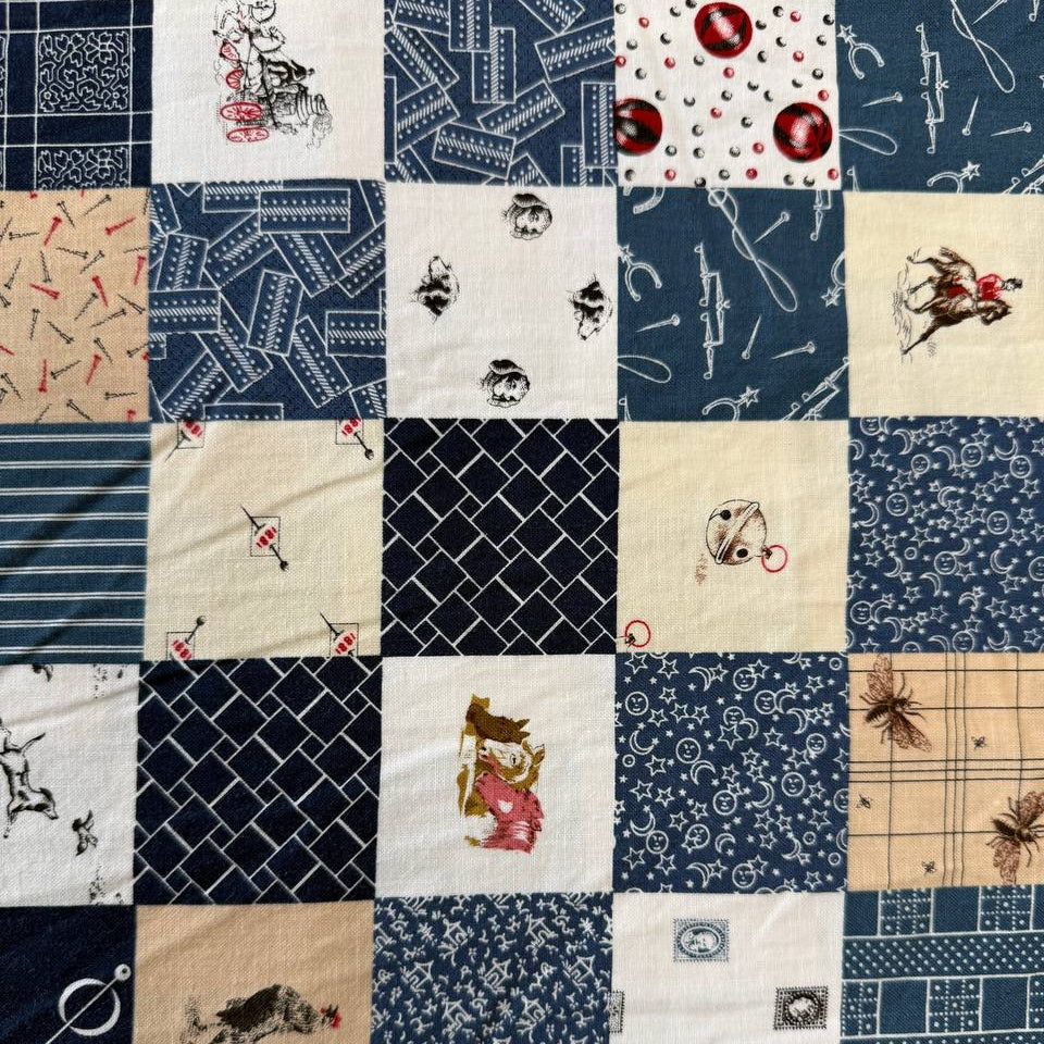 Patchwork-style quilting cotton fabric featuring assorted vintage-inspired prints, sewing motifs, geometric patterns, and western-themed illustrations.
