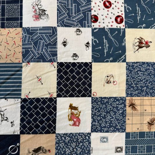 Patchwork-style quilting cotton fabric featuring assorted vintage-inspired prints, sewing motifs, geometric patterns, and western-themed illustrations.