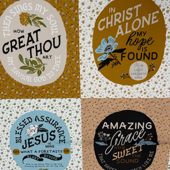 Wellspring inspirational Christian cotton fabric panel by Fancy That Design House for Moda, featuring faith quotes and floral designs in blue, cream, tan and mustard.